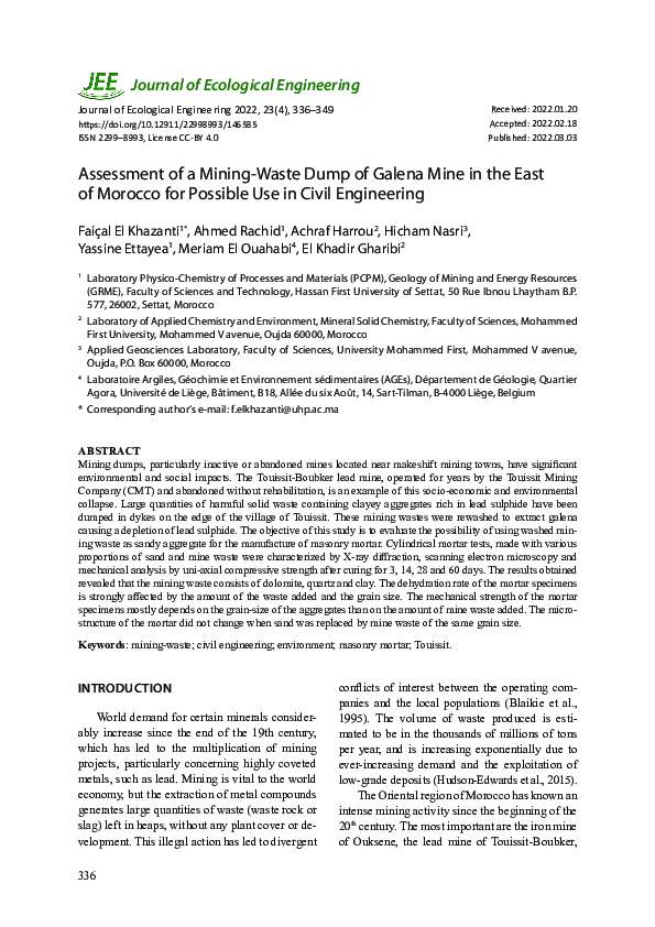 (PDF) Assessment of a MiningWaste Dump of Galena Mine in the East of Morocco for Possible Use