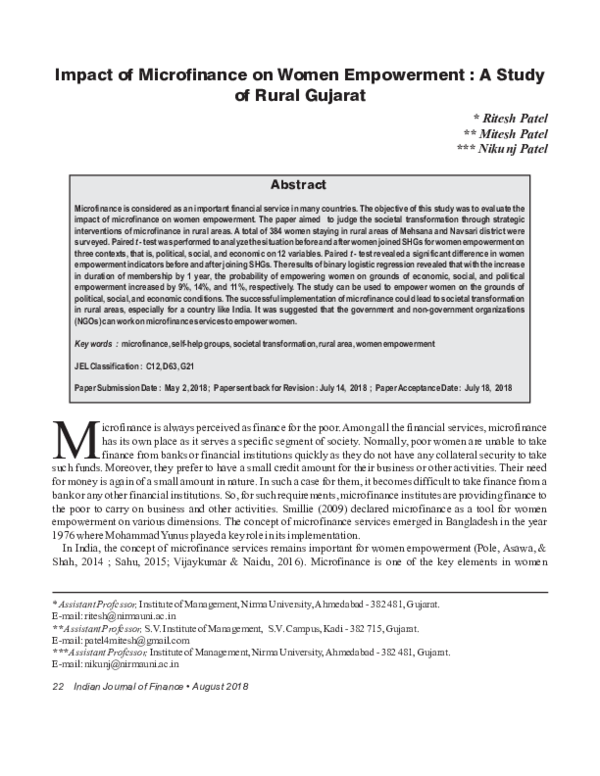 (PDF) Impact of Microfinance on Women Empowerment : A Study of Rural ...