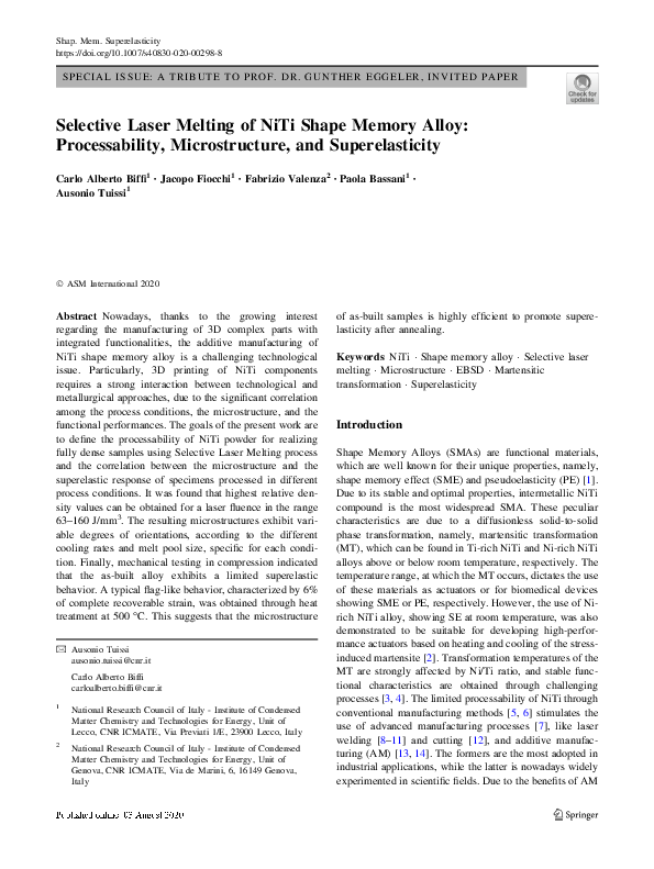 (PDF) Selective Laser Melting of NiTi Shape Memory Alloy ...