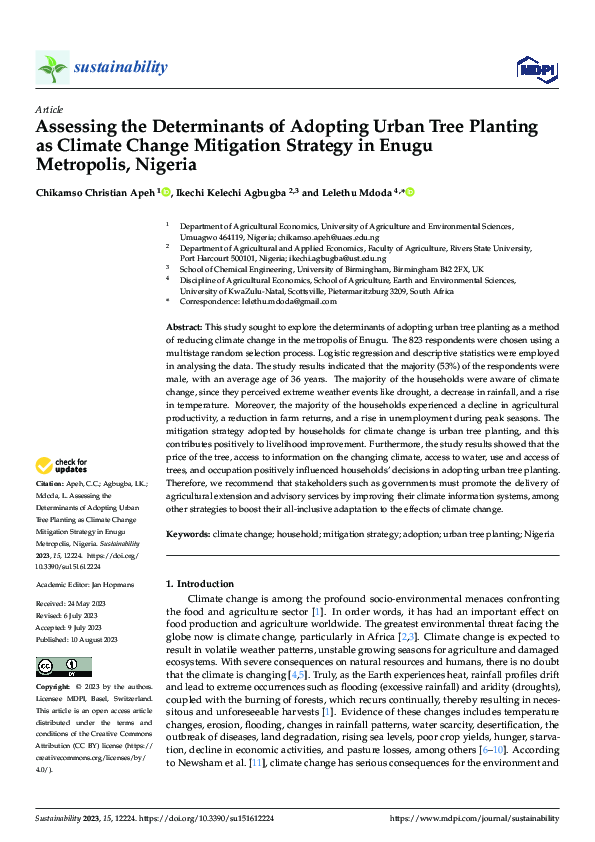 (PDF) Assessing the Determinants of Adopting Urban Tree Planting as ...