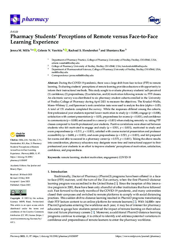 (PDF) Pharmacy Students’ Perceptions of Remote versus Face-to-Face ...