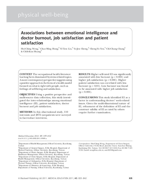 (PDF) Associations between emotional intelligence and doctor burnout ...