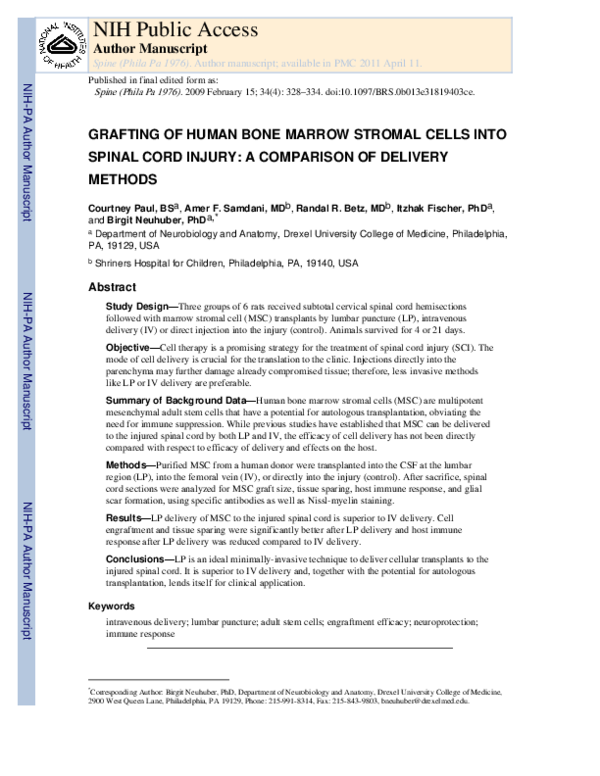 (PDF) Grafting of Human Bone Marrow Stromal Cells Into Spinal Cord Injury