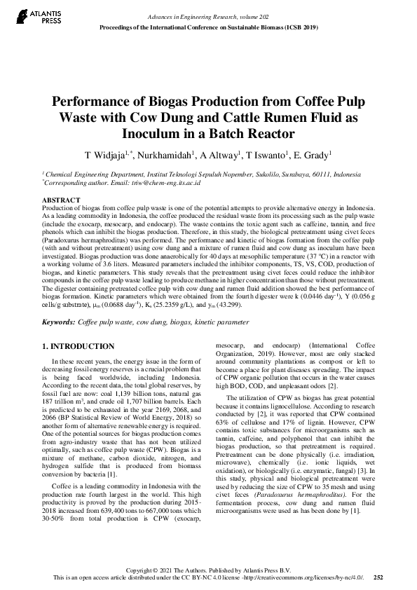 (PDF) Performance of Biogas Production from Coffee Pulp Waste with Cow ...