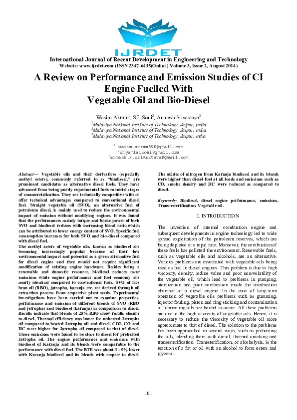 (PDF) A Review on Performance and Emission Studies of CI Engine Fuelled ...
