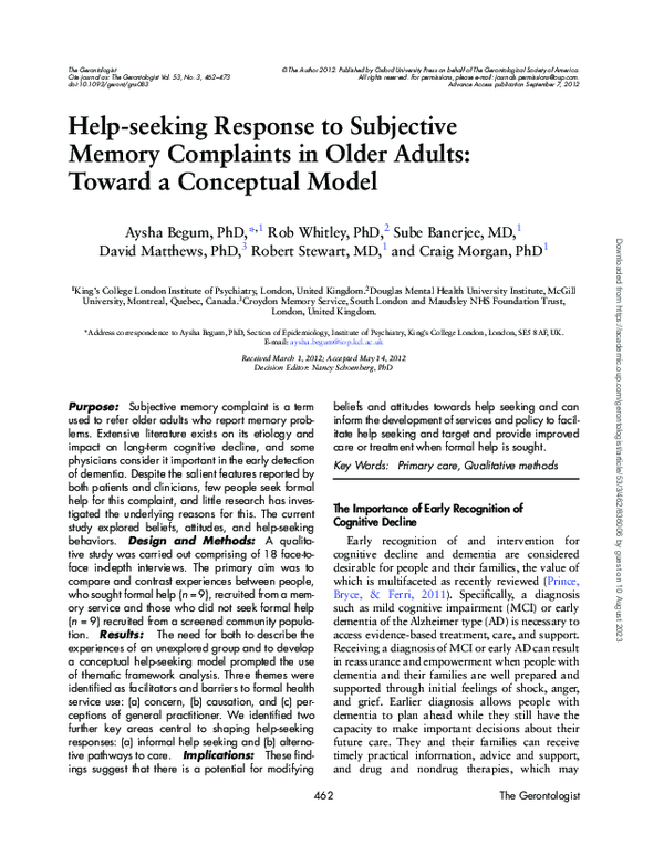 (PDF) Help-seeking response to subjective memory complaints in older ...
