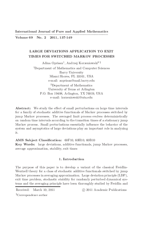 (PDF) Large Deviations Application to Exit Times for Switched Markov ...