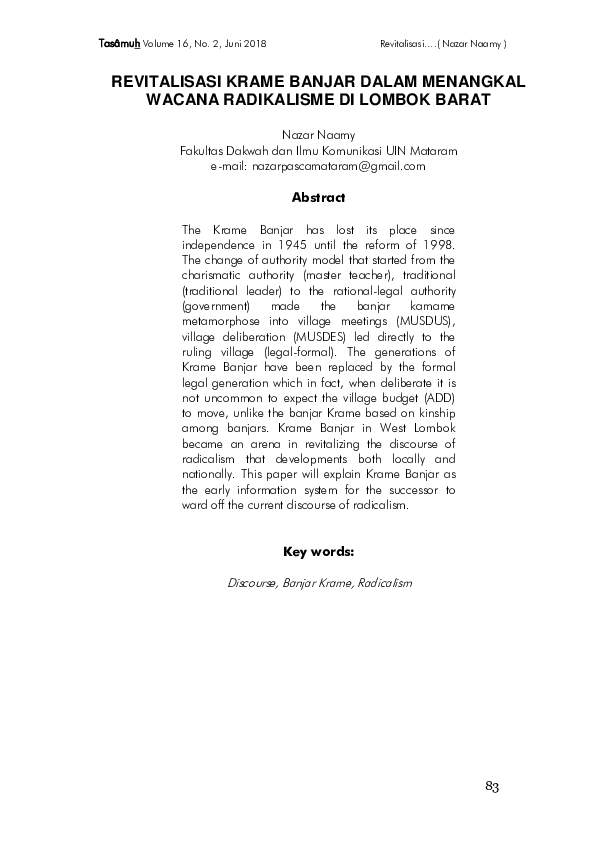 (PDF) Revitalisasi Krame Banjar Dalam Menangkal Wacana Radikalisme DI ...