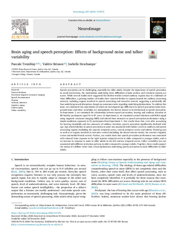(PDF) Brain aging and speech perception: Effects of background noise ...