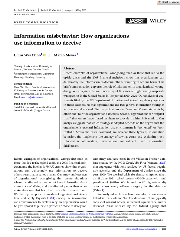 (PDF) Information misbehavior: How organizations use information to deceive