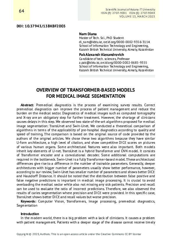 (PDF) Overview of Transformer-Based Models for Medical Image Segmentation