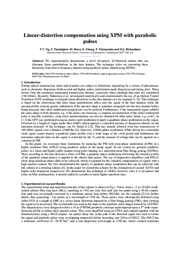 (PDF) Linear-distortion compensation using XPM with parabolic pulses