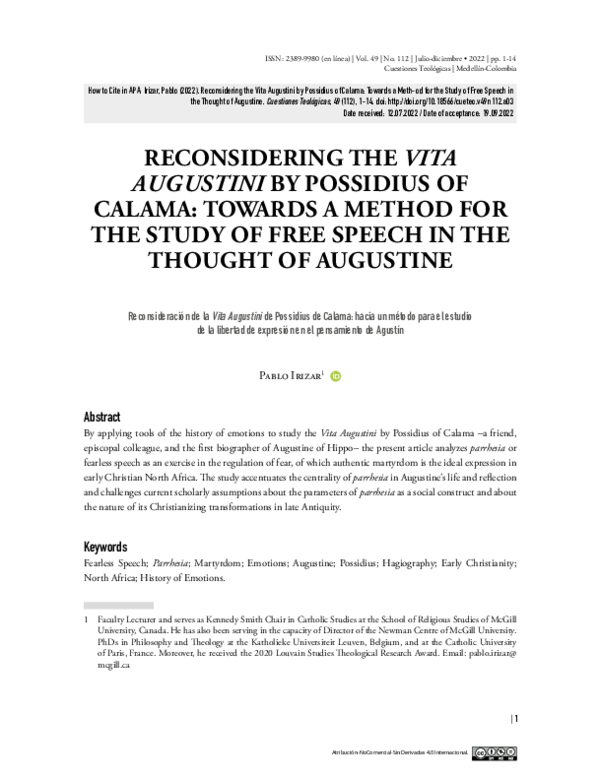 (PDF) RECONSIDERING THE VITA AUGUSTINI BY POSSIDIUS OF CALAMA: TOWARDS ...