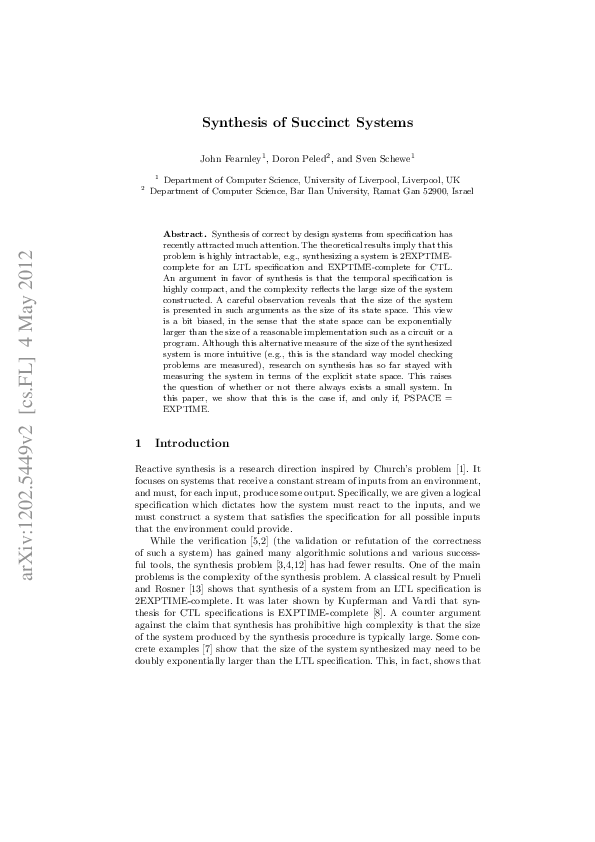 (PDF) Synthesis of succinct systems
