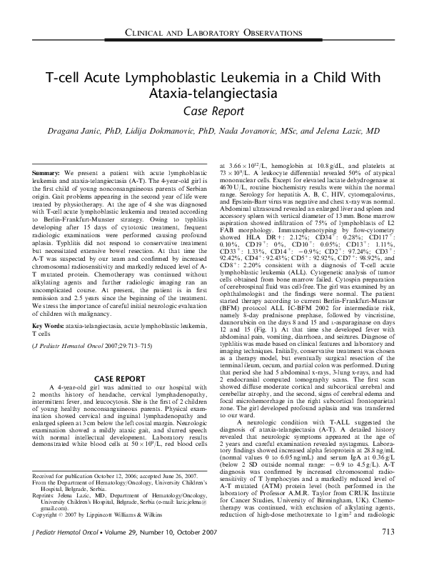 (PDF) T-cell Acute Lymphoblastic Leukemia in a Child With Ataxia ...