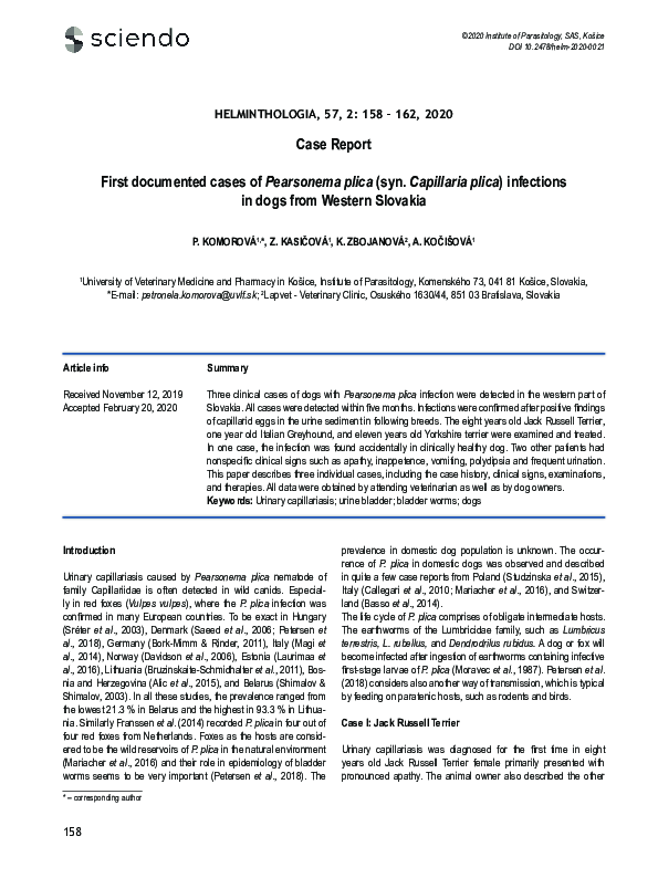 (PDF) First documented cases of Pearsonema plica (syn. Capillaria plica ...