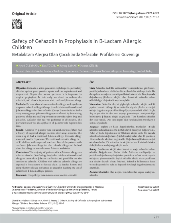 (PDF) Safety of Cefazolin in Prophylaxis in Β-Lactam Allergic Children