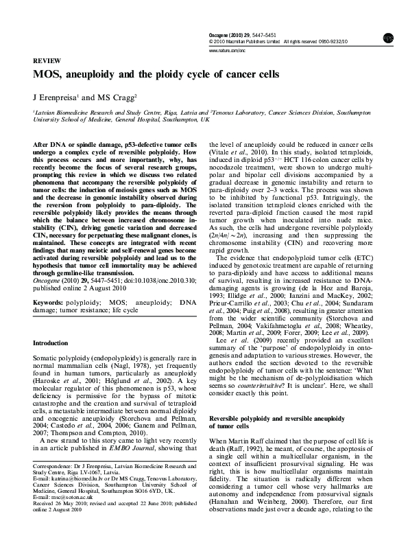 (PDF) MOS, aneuploidy and the ploidy cycle of cancer cells | Mark Cragg ...