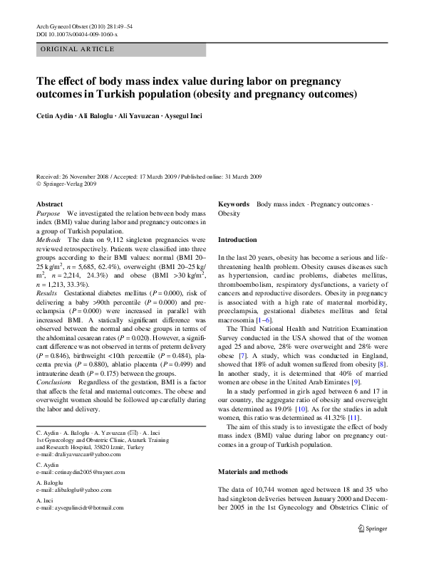 (PDF) The effect of body mass index value during labor on pregnancy ...