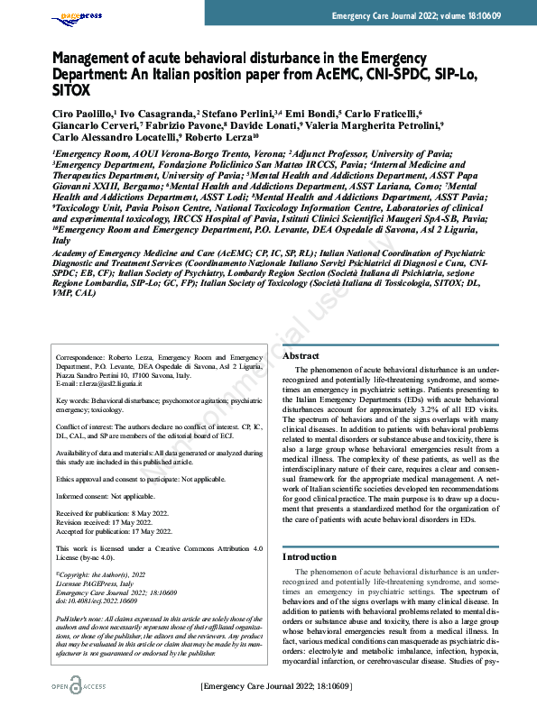 (PDF) Management of acute behavioral disturbance in the Emergency ...