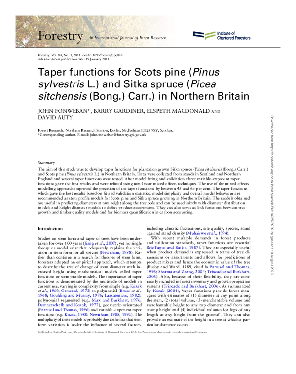 (PDF) Taper functions for Scots pine (Pinus sylvestris L.) and Sitka ...
