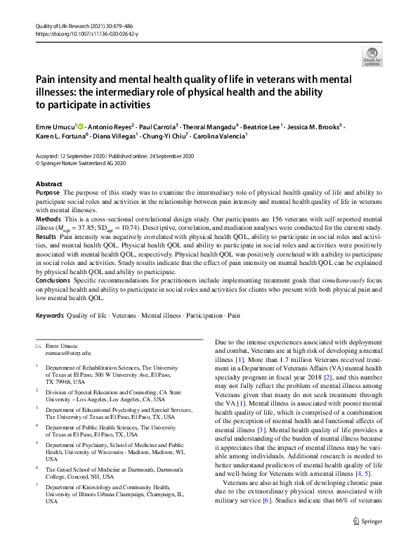 (PDF) Pain intensity and mental health quality of life in veterans with ...