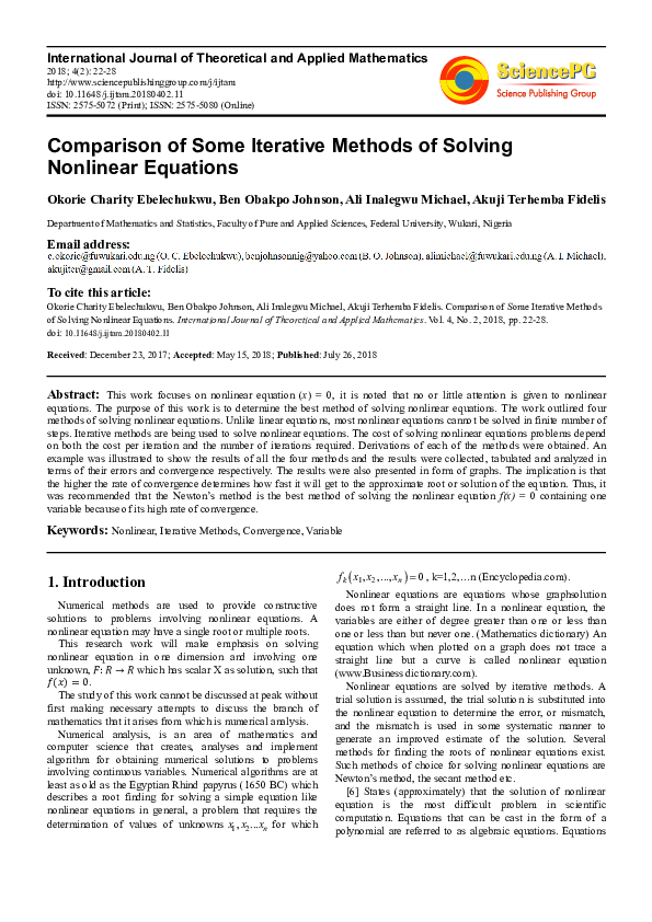 (PDF) Comparison of Some Iterative Methods of Solving Nonlinear Equations