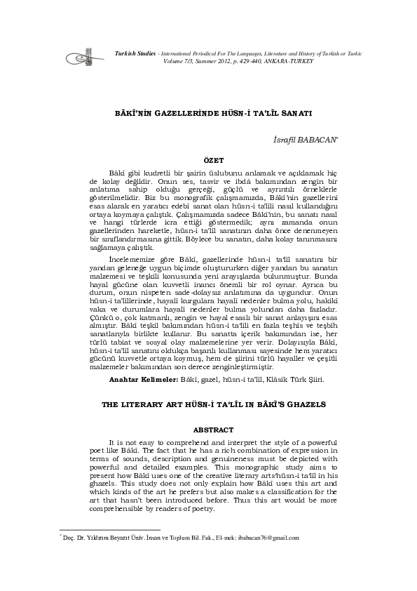 (PDF) The Literary Art Hüsn-i Ta‘Lîl in Bâkî’s Ghazels