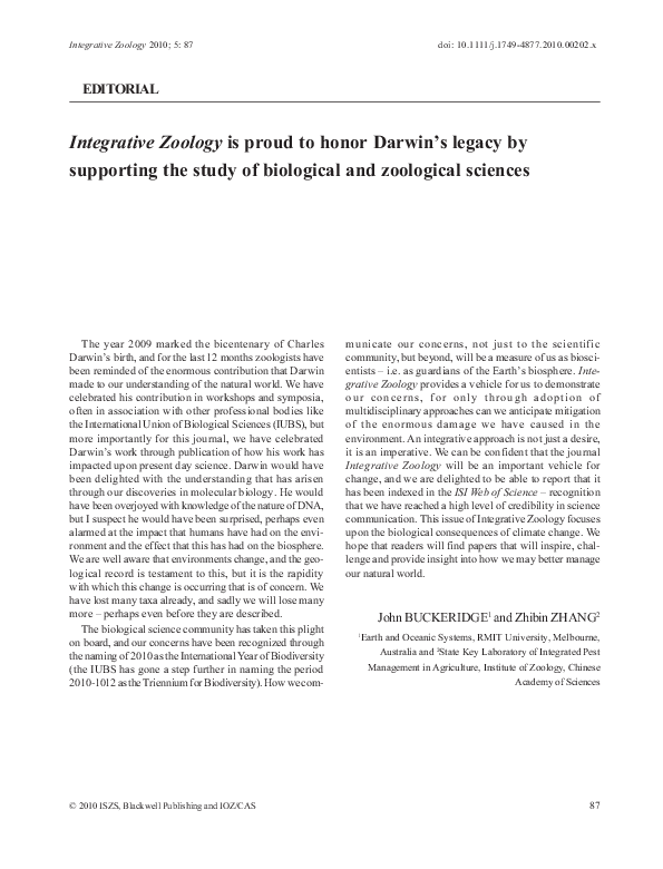 (PDF) Integrative Zoology is proud to honor Darwin's legacy by ...