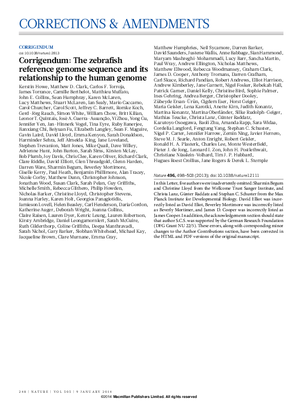 (PDF) Erratum: Corrigendum: The zebrafish reference genome sequence and