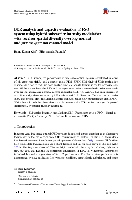 (PDF) BER analysis and capacity evaluation of FSO system using hybrid ...