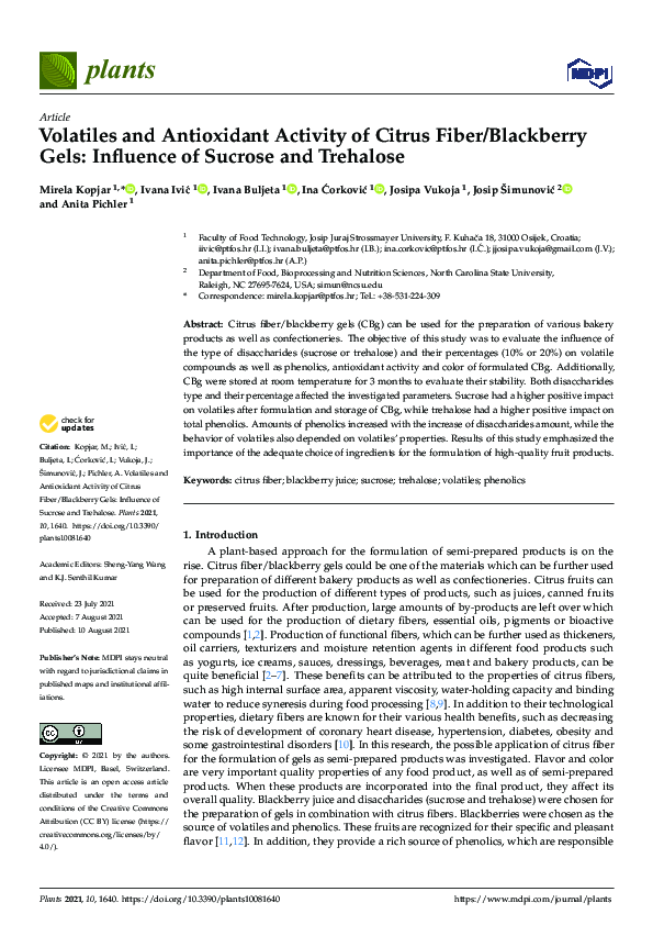 (PDF) Volatiles and Antioxidant Activity of Citrus Fiber/Blackberry Gels Influence of Sucrose