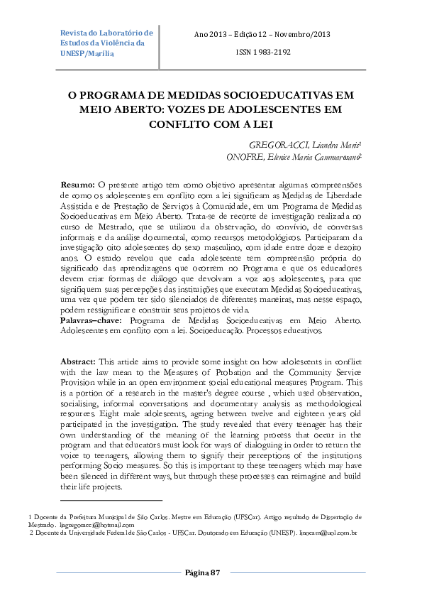 (PDF) O Programa De Medidas Socioeducativas Em Meio Aberto: Vozes De ...