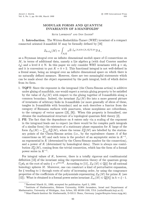 (PDF) Modular forms and quantum invariants of 3-manifolds