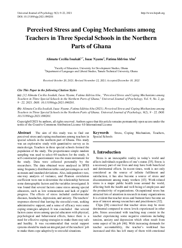 (PDF) Perceived Stress and Coping Mechanisms among Teachers in Three ...