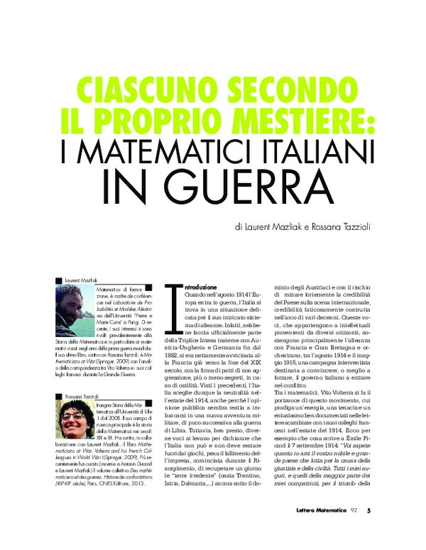 (PDF) Ciascuno secondo il proprio mestiere: i matematici italiani in guerra