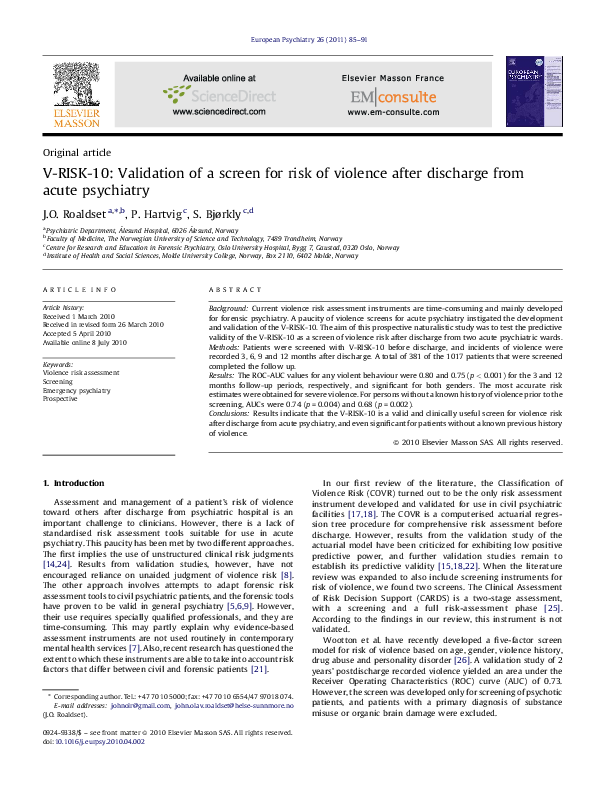 (PDF) V-RISK-10: Validation of a Screen for Risk of Violence After ...