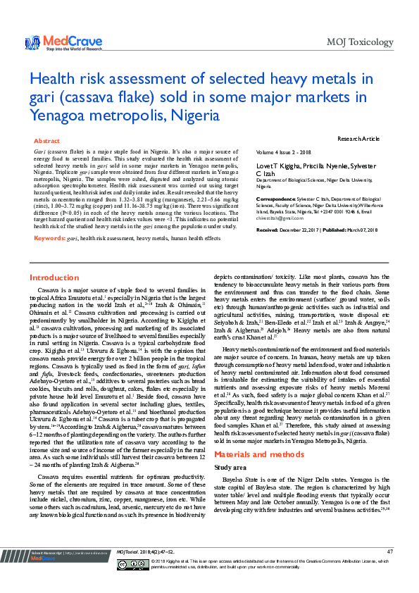 (PDF) Health risk assessment of selected heavy metals in gari (cassava ...
