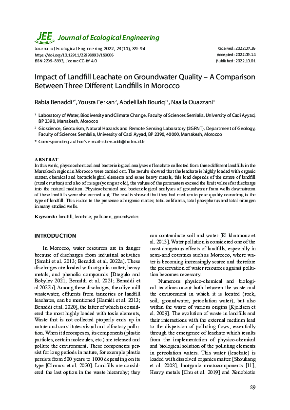 Pdf Impact Of Landfill Leachate On The Groundwater Quality A Case