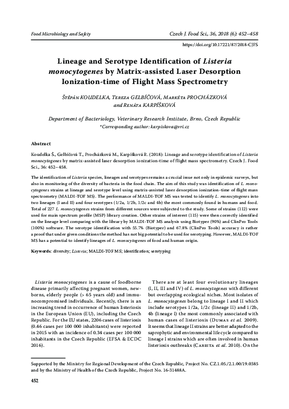 Lineage and serotype identification of Listeria monocytogenes by matrix ...