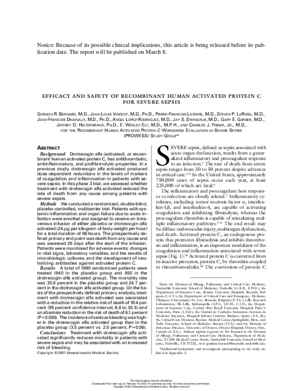 (PDF) Efficacy and Safety of Human Activated Protein C for Severe Sepsis Xavier