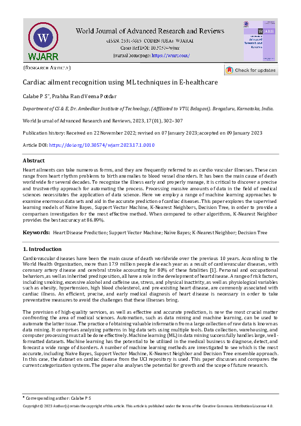 (PDF) Cardiac ailment recognition using ML techniques in E-healthcare