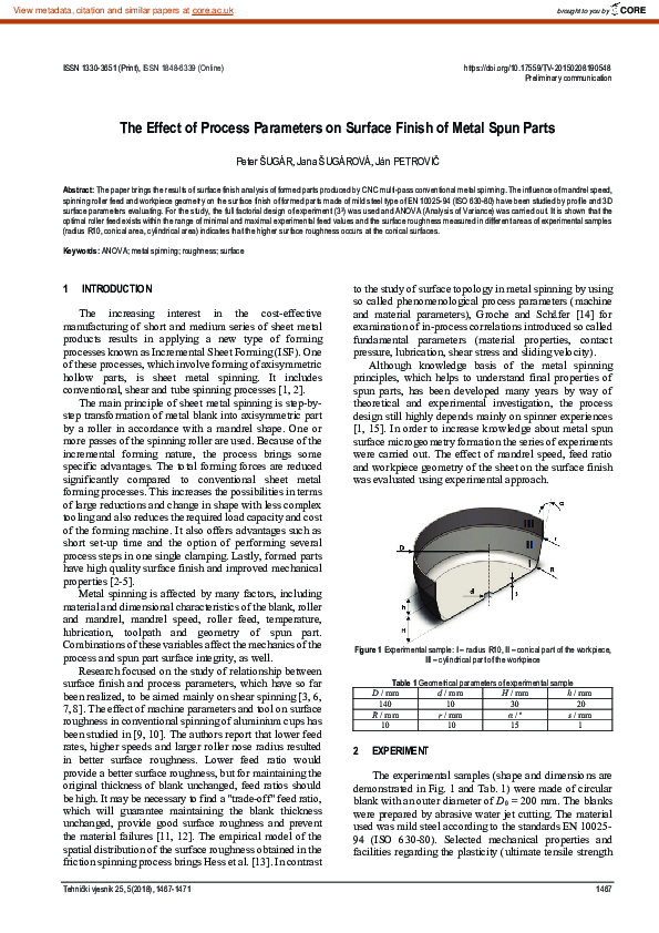 (PDF) The Effect of Process Parameters on Surface Finish of Metal Spun ...