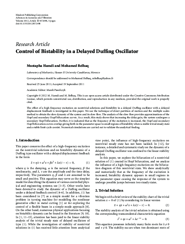 (PDF) Control of Bistability in a Delayed Duffing Oscillator