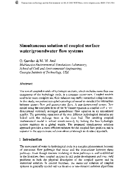 (PDF) Simultaneous Solution Of Coupled Surface Water/groundwater Flow ...