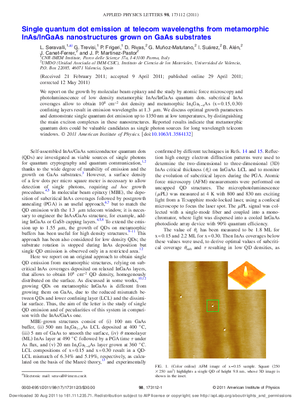 (PDF) Single quantum dot emission at telecom wavelengths from ...