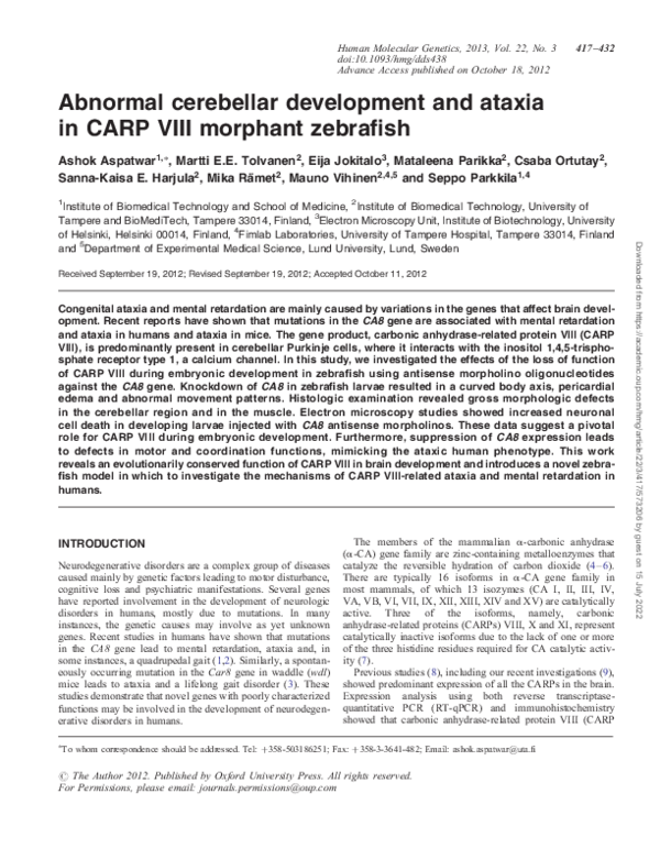 (PDF) Abnormal cerebellar development and ataxia in CARP VIII morphant ...