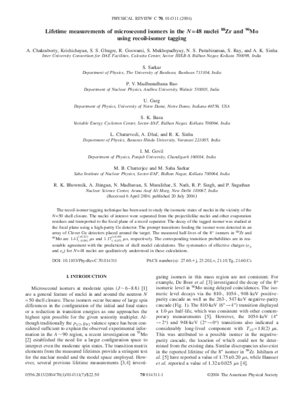 (PDF) Lifetime measurements of microsecond isomers in theN ...