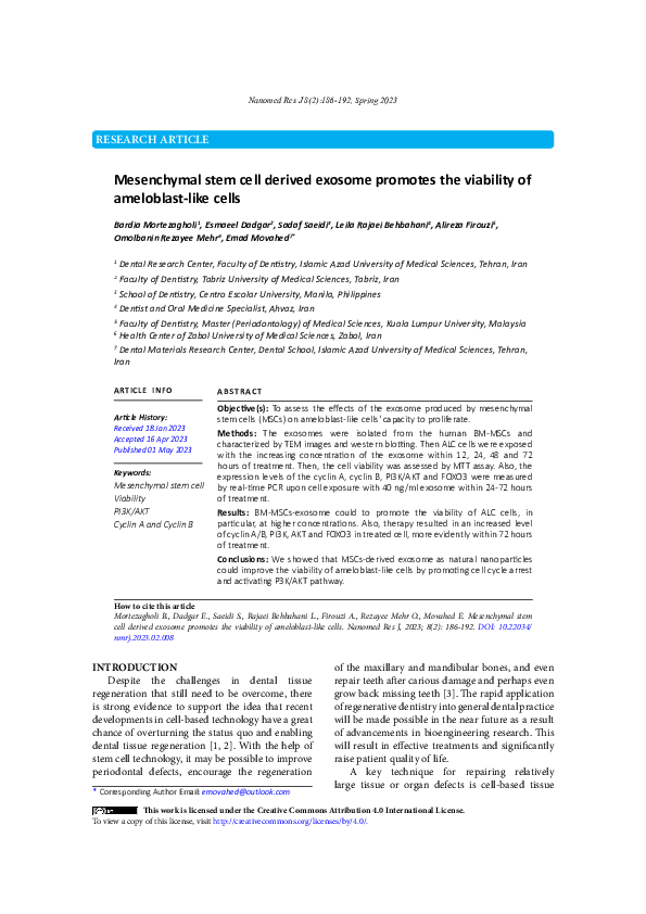 (PDF) Mesenchymal stem cell derived exosome promotes the viability of ...