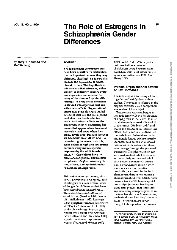 (PDF) The Role of Estrogens in Schizophrenia Gender Differences
